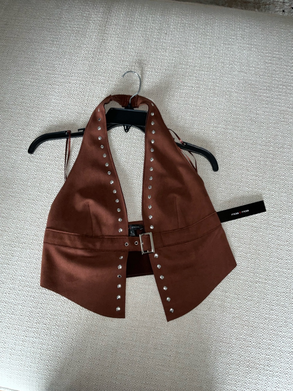 Suede Western Brown Studded Halter Crop Top with Buckle